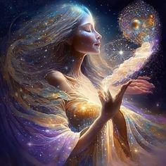 The image depicts a woman with long, flowing hair and a serene expression, surrounded by a cosmic background filled with stars and nebulae....