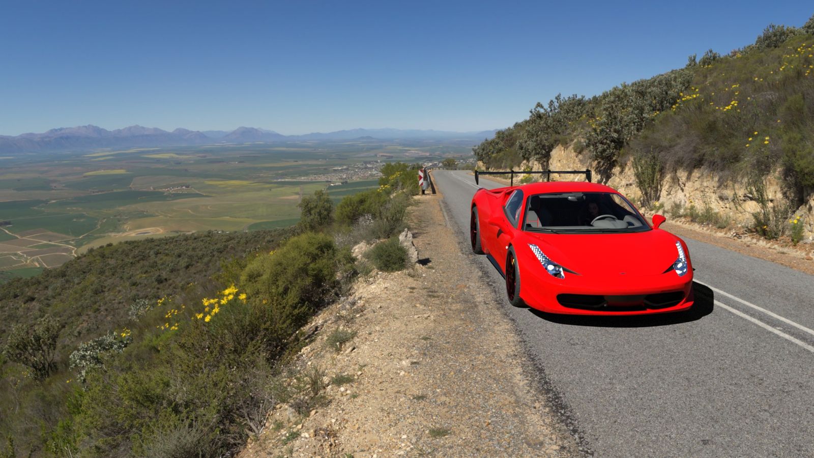 Car driving down road, pulls over, and the door is opened.
