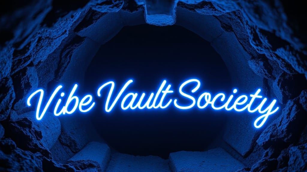 Vibe Vault Society spelled correctly in bold neon red bold letters on a vault underground 