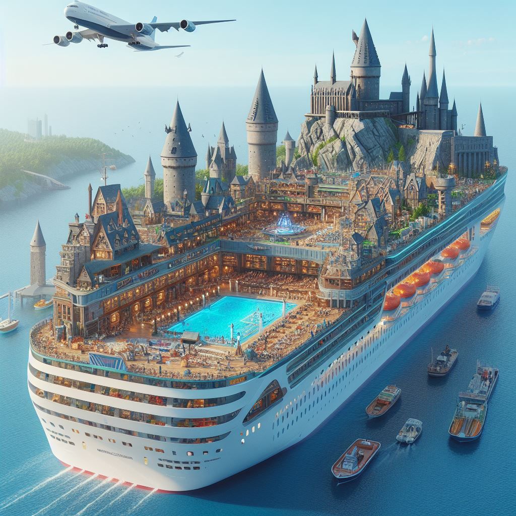 Cruise Train on top of it Hogwarts built and a big airport with a big plane and on the Train full of a huge swimming pool party bars nightcl...