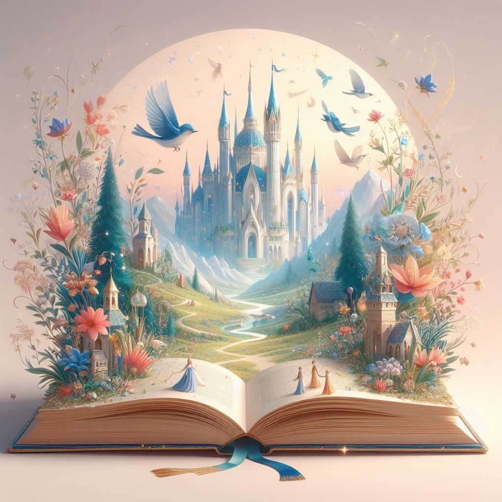 a wonderfull magical open book set against an enchanting backdrop