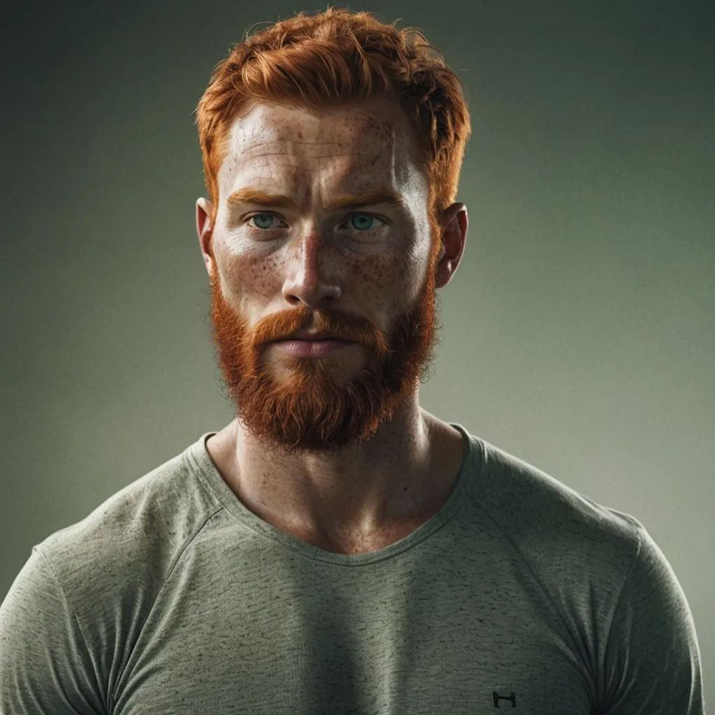 a man of 1.8m, red hair, red beard, white skin with a few freckles, green eyes, athletic appearance, Skin damaged by the passage of time