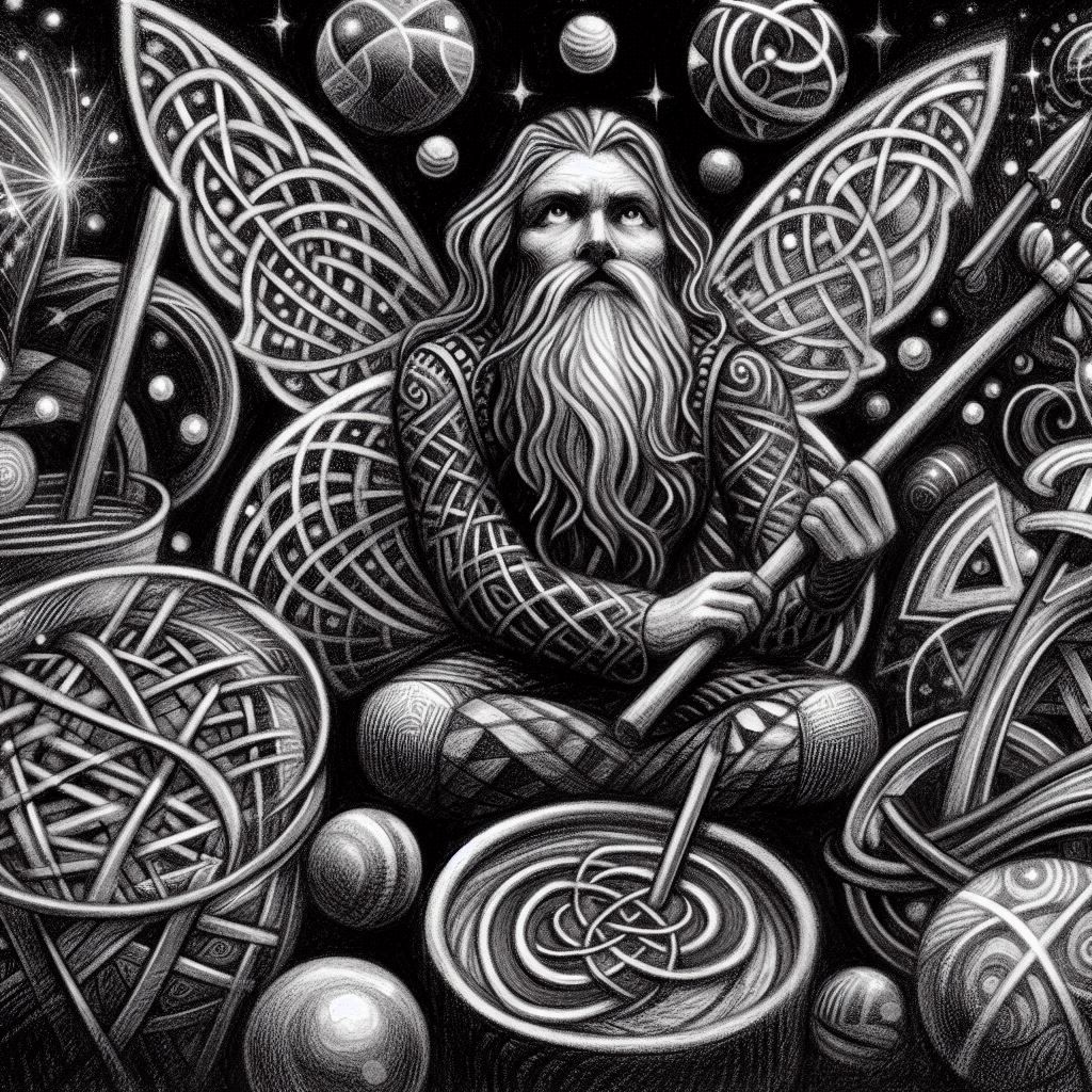 Crayon drawings ,surreal  friendly celtic knotwork   goth fairy  , child's drawing , rayograph Man Ray collection of random b&W objects, lig...