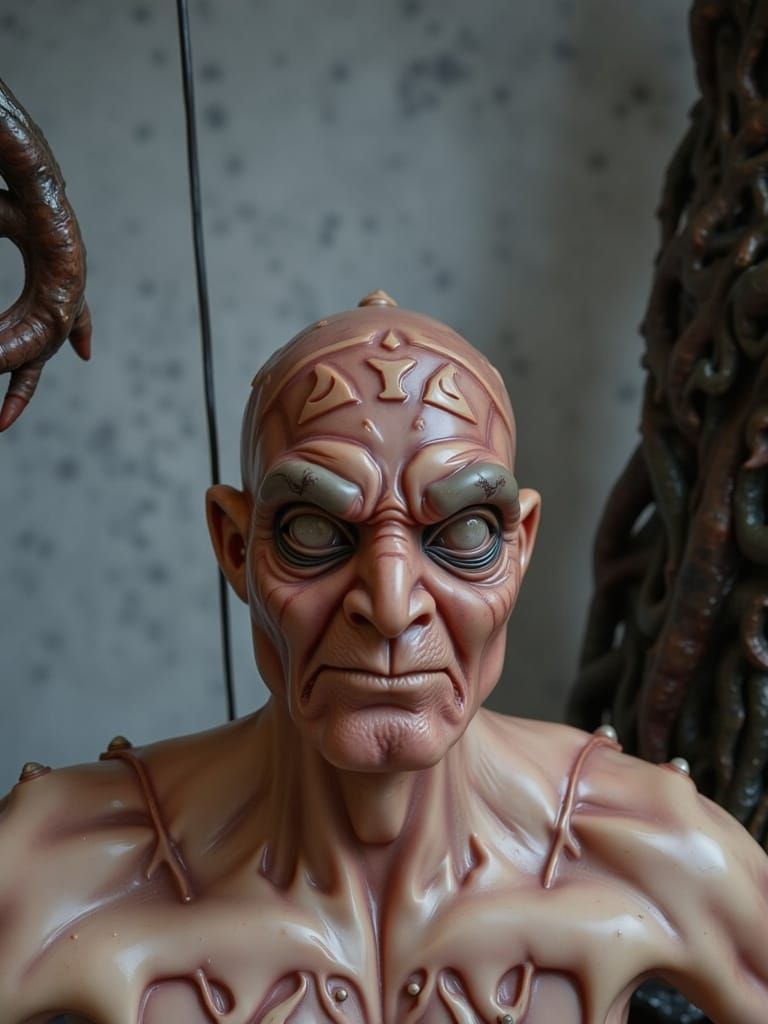 Ancient shapeshifting demon, draped in intricately crafted leather armor, with hyper detailed textures, resin cast acrylic art. Unreal Engin...