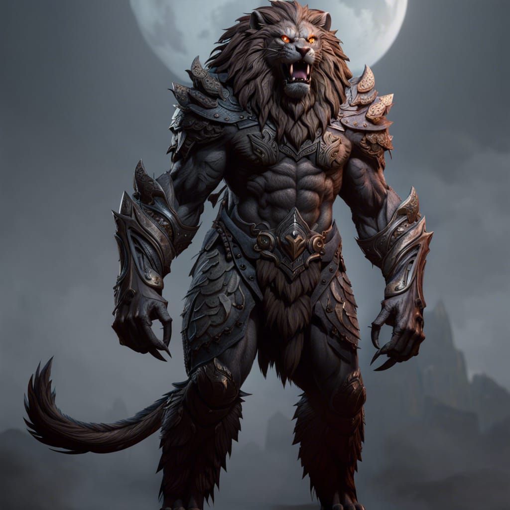 A (fantasy realistic demonic werelion) with a thick and (black mane), fiery red eyes, fearsome horns, (rippling light gray fur), black and r...