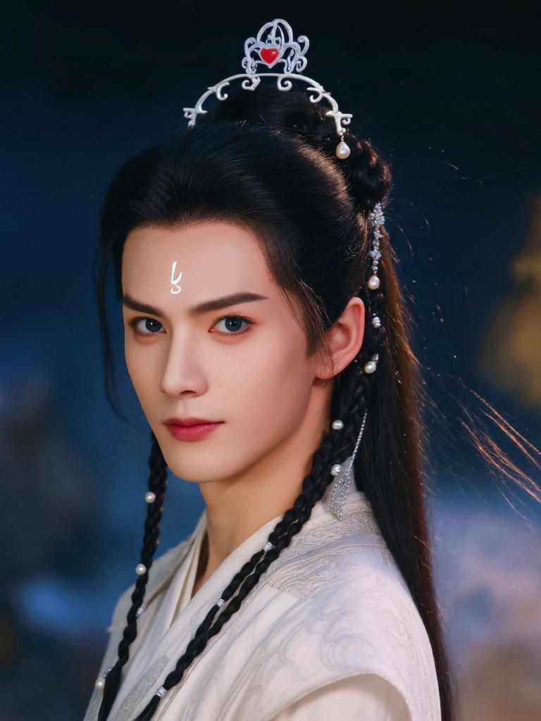 Edit this portrait of Chinese actor Zhang Zhehan into Sea Dragon Jiāo, a mysterious wuxia hero. Change his eye color to a dark, profound lap...
