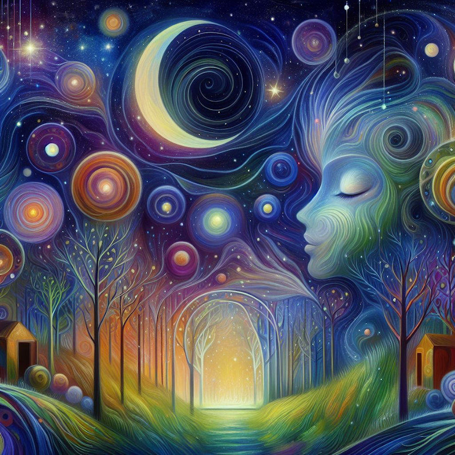 main Focus, A Dreamy Woman, Whimsical Dreamscape of Nightly Serenity in Nature's Cosmic Symphony background, Centered, Digital Art, Folkart.