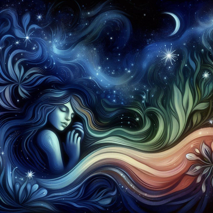 main Focus, A Dreamy Woman, Whimsical Dreamscape of Nightly Serenity in Nature's Cosmic Symphony background, Centered, Digital Art, Folkart.