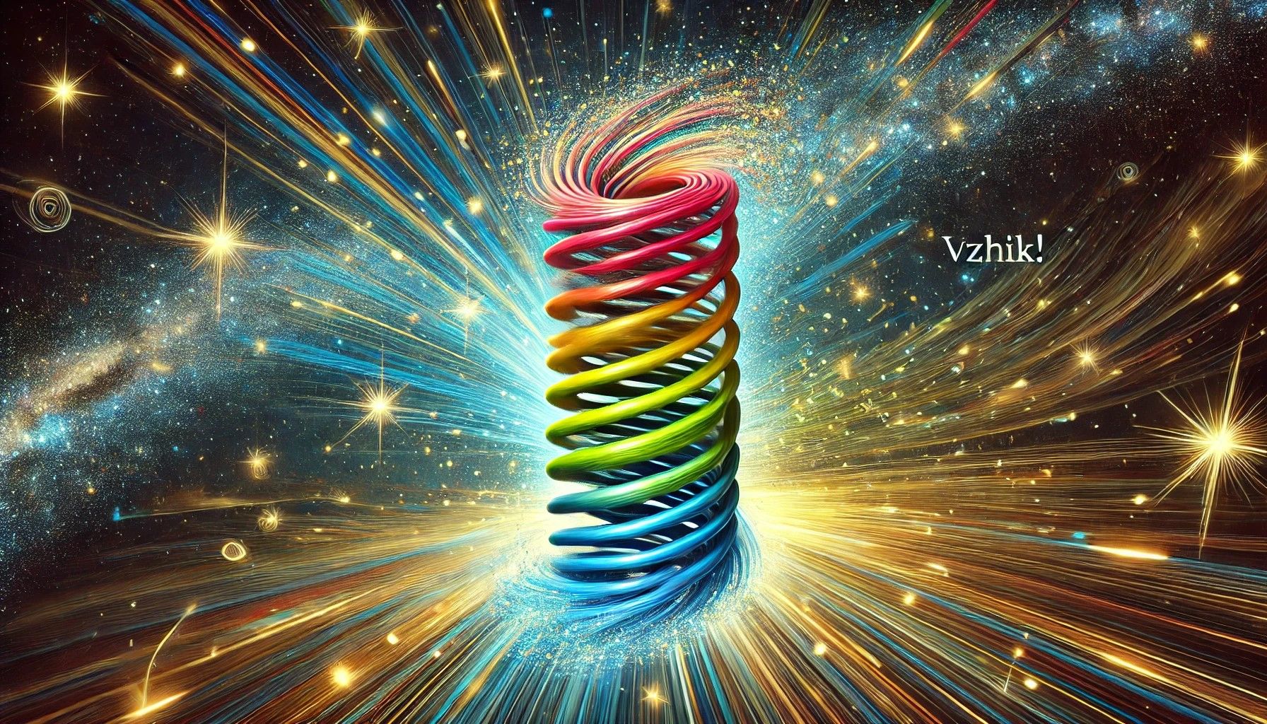 A giant spring, a funnel, rotates in space, which symbolizes the movement of life. Each coil of the spring is painted in different bright co...