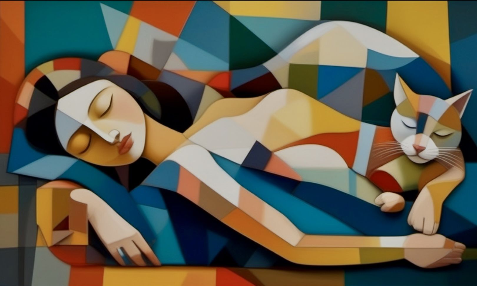 abstract interpretation of a sleeping girl and cat in the style of cubism or picasso, showcasing fragmented geometric shapes, vibrant colors...