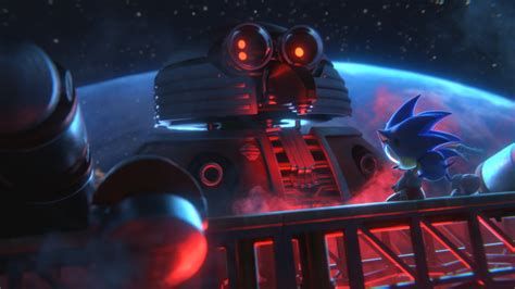 A massive mech attacks a large space station, its size dwarfing a lone warrior standing on a loose piece of metal. Two large arms extend fro...