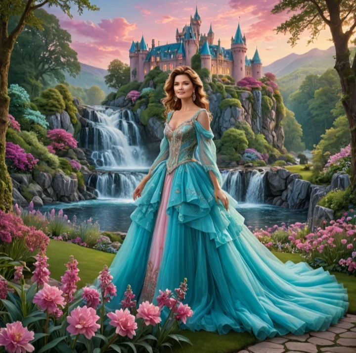 An elegant woman, gliding through a garden wearing a vibrant aquamarine tulle gown