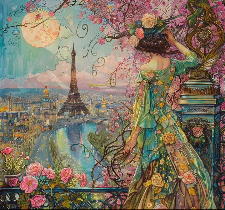 In the style of Josephine Wall Hans Zatzka Thomas kincaide gustov Klimt maxfield Parrish Art Nouveaux colors of aqua, magenta, Alphonse Much...