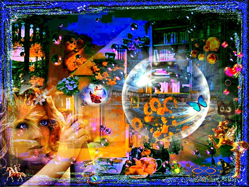 Eine blonde Frau mit blauen Augen im Profil links, eine große funkelnde bubble, Wohnzimmer mit Bücherregal und Tisch, am Abend, auf dem Tisc...