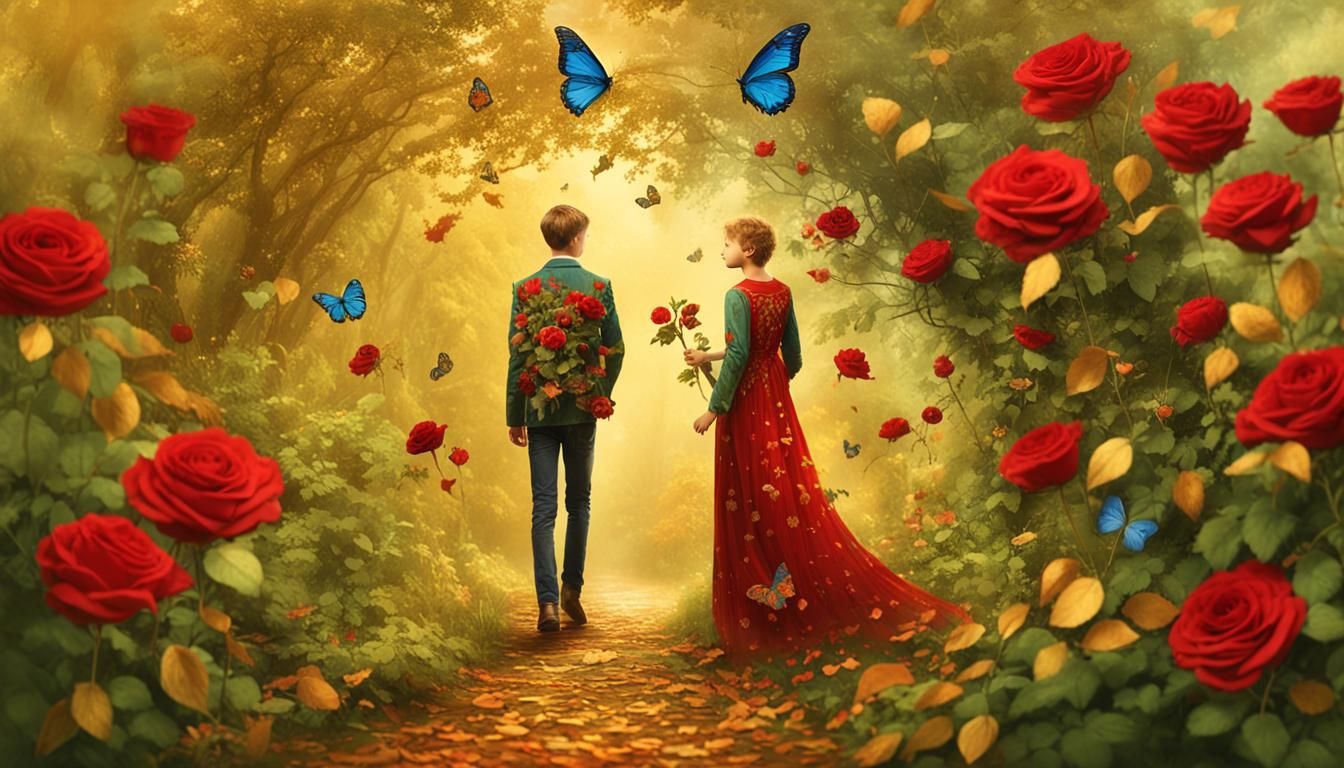 <lora:Endless Melody:1.0> <lora:eye:1.0> Elfen-Mann (blauer Anzug) und Elfen-Frau (lange blonde Locken, rotes Kleid)  in der Mitte  im Bogen...