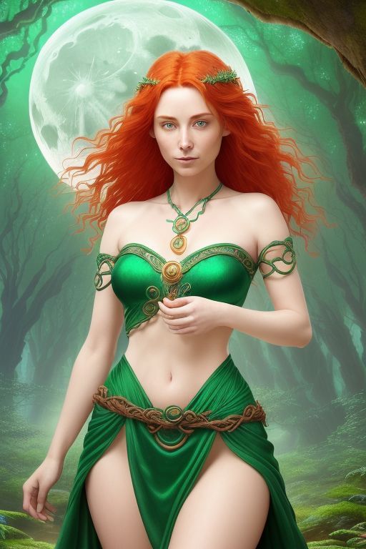 A Celtic mystical girl with fiery red hair that flows in wild, radiant waves down her back, suffused with a gentle glow from the moon's ethe...