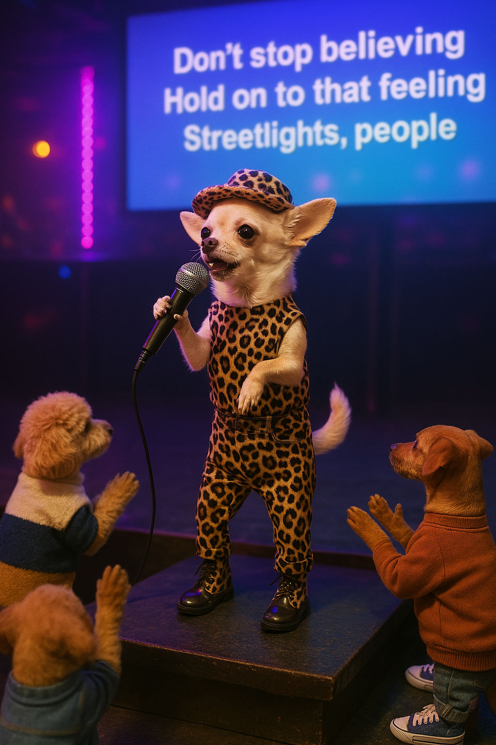 Meanwhile, the doA joyful scene inside a disco club: a tiny female dog wearing a leopard blouse, leopard pants, black sh...