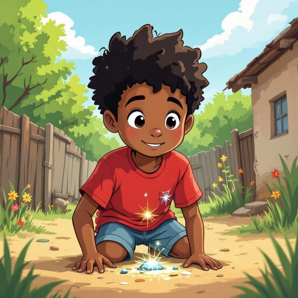 Gros plan sur une sphère magique brillante avec des symboles anciens lumineux gravés dessus. Un enfant de 12 ans, t-shirt rouge, short bleu,...