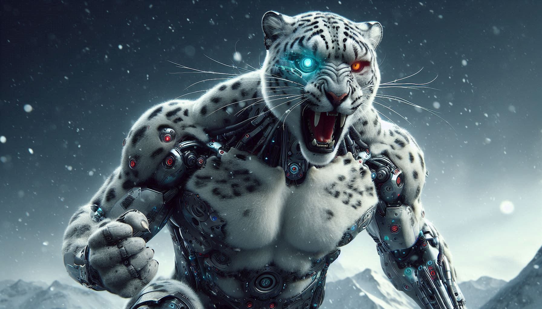 Adult snow leopard cyborg is on the loose mad and coming for you 