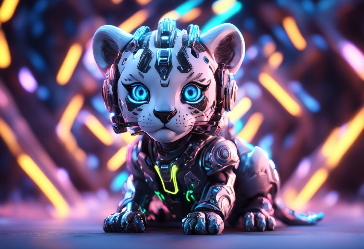 Newborn snow leopard cyborg photorealistic intricate mech details, red polished metal body parts, photorealistic snow leopard head with fur,...