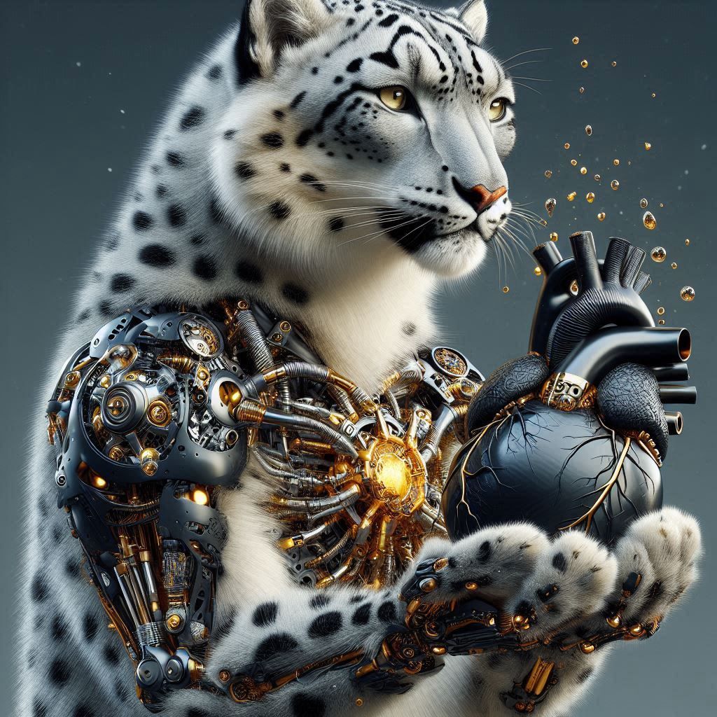 Snow leopard cyborg holding a black anatomical heart 