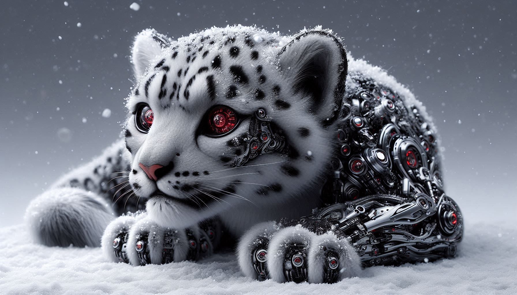 snow leopard cyborg in the city 