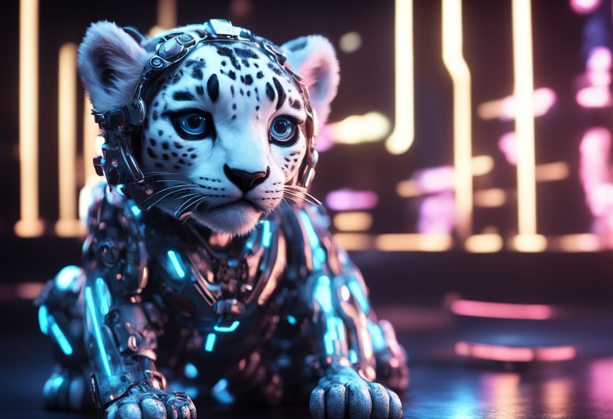 Newborn snow leopard cyborg photorealistic intricate mech details, red polished metal body parts, photorealistic snow leopard head with fur,...