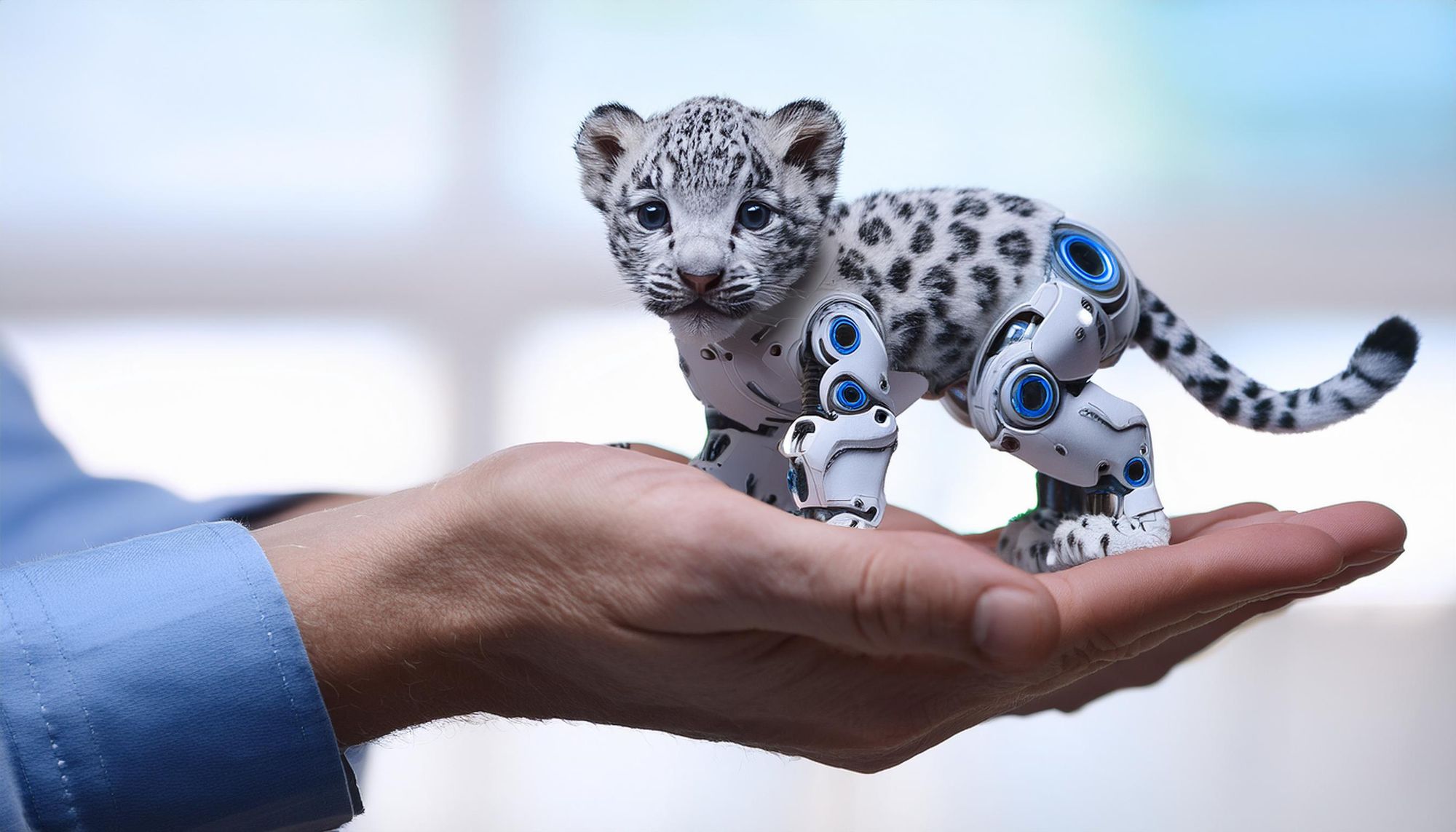 Baby snow leopard cyborg on top of the city world 