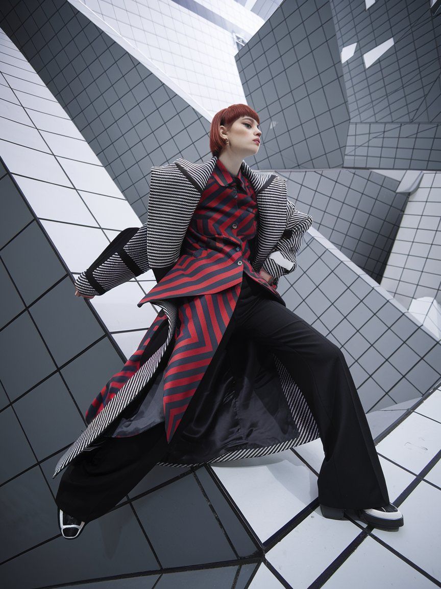 A high-fashion editorial shoot featuring a black light skined woman in a striking, geometric-patterned outfit. She is posed against a backd...