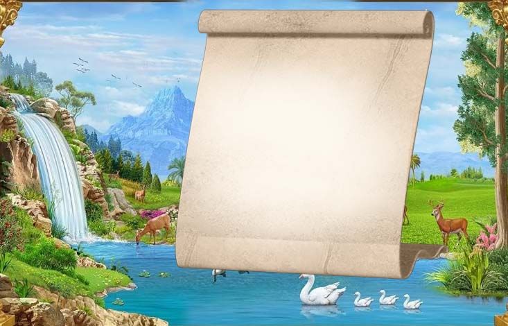 A beautiful card surrounded by a natural landscape with waterfalls, expanses of sky. A deer with beautiful antlers, sailing ducks, an eagle ...