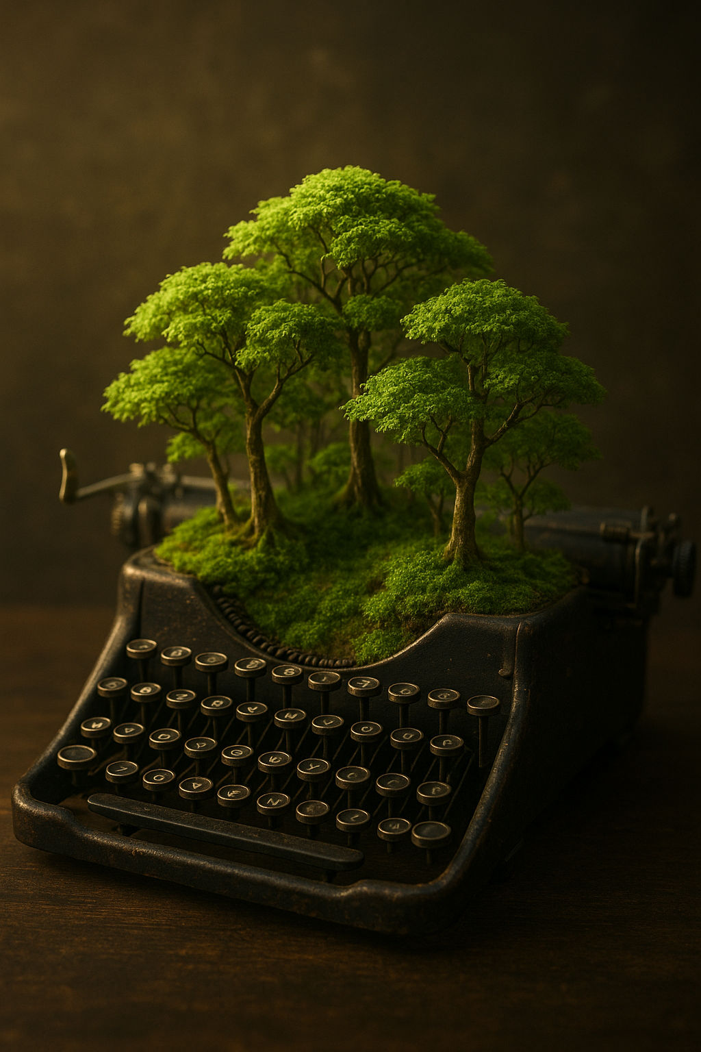 "Hyper-realistic surreal art of unexpected greenery thriving in unusual places. Examples: a lush bonsai forest sprouting from the keys of an...
