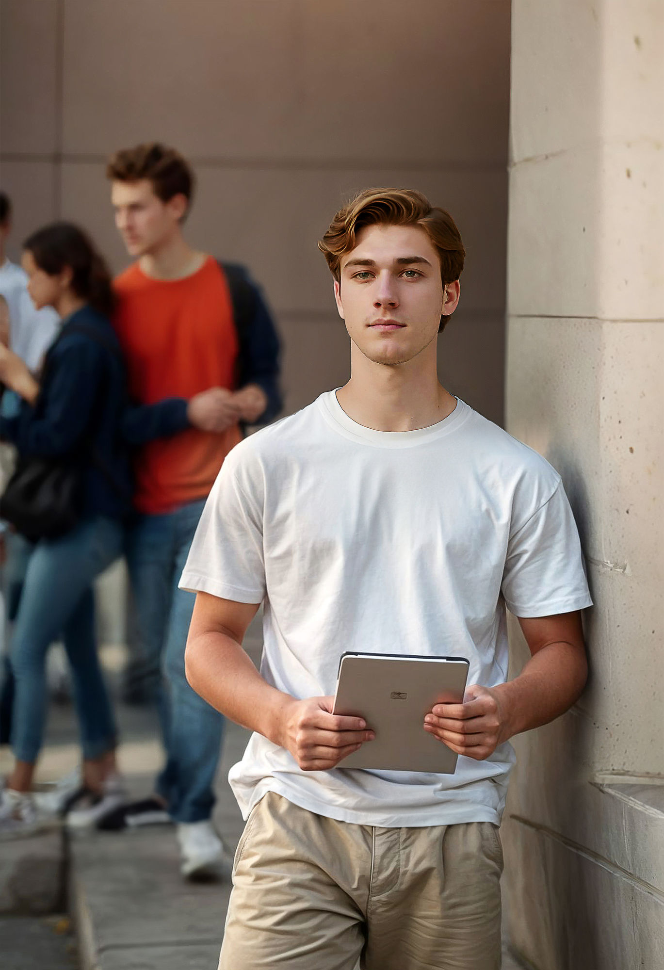 high fidelity photograph. Medium shot. A young man dressed as Mars, the Roman god of war, wears an elaborate handmade costume featuring a pa...