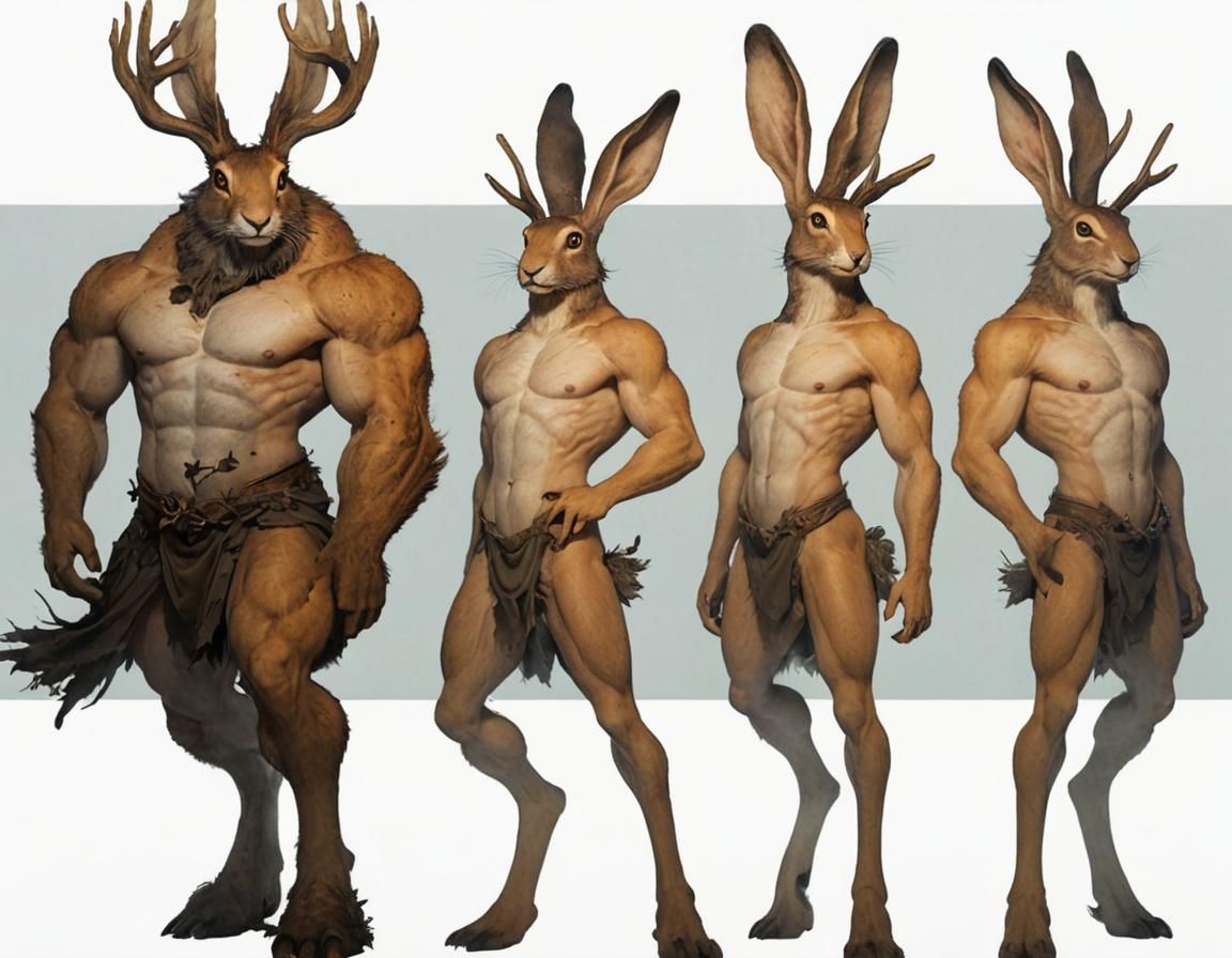 Photorealistic image of an anthropomorphic hare with antlers. long ears, short face, standing on two legs with dexterous fingers on hands an...