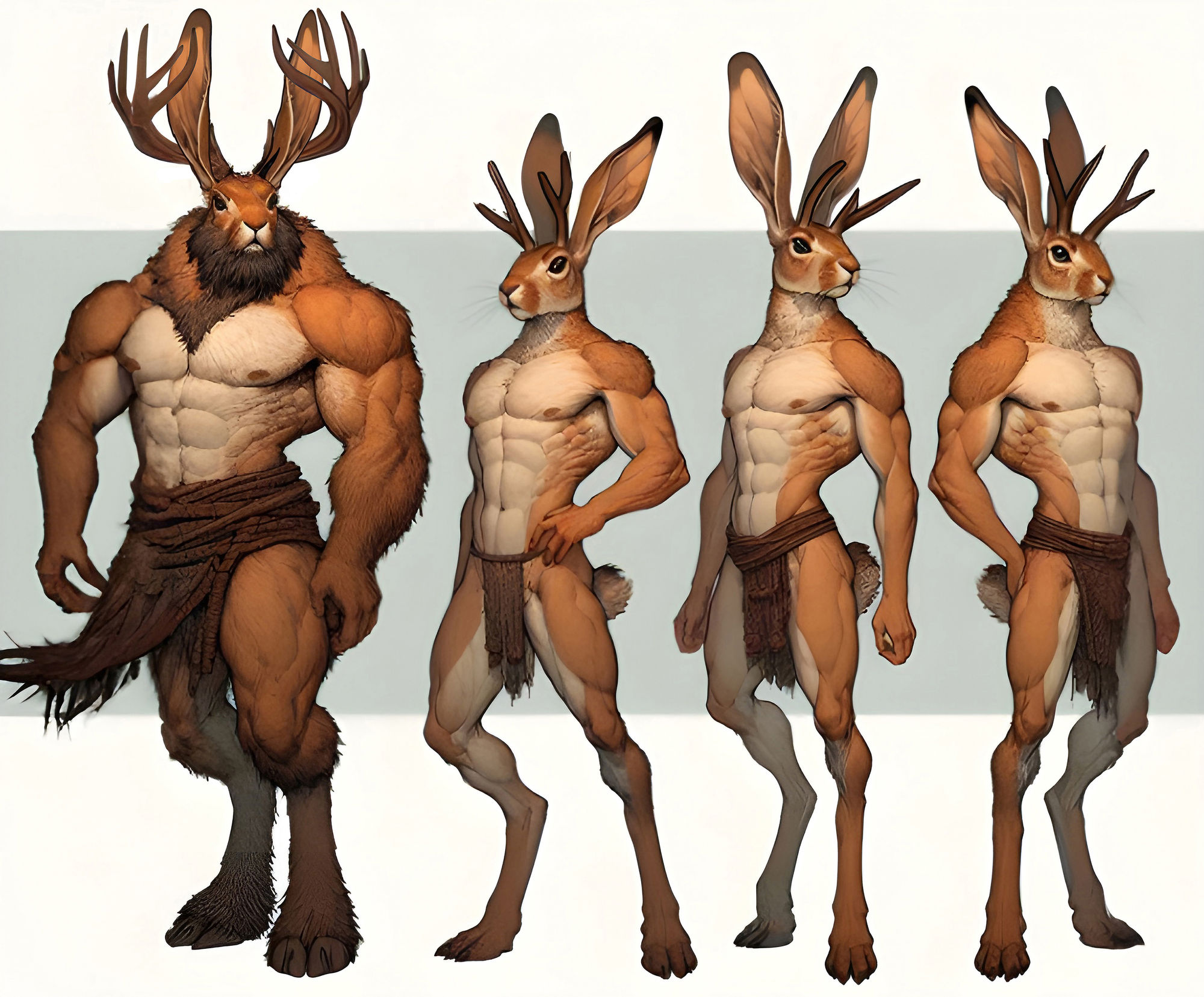 Photorealistic image of an anthropomorphic hare with antlers. long ears, short face, standing on two legs with dexterous fingers on hands an...