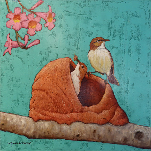 Little birds "Furnarius rufus" building their mud nest, painted in acrylic by Monica Goetze