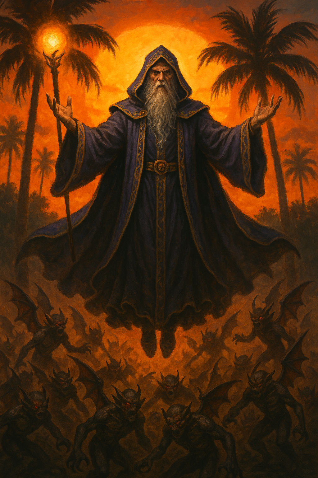 Archmage Jefganis wearing a purple baseball cap that says “make Magic great again” and holding up his hands in two peace signs like Nixson t...