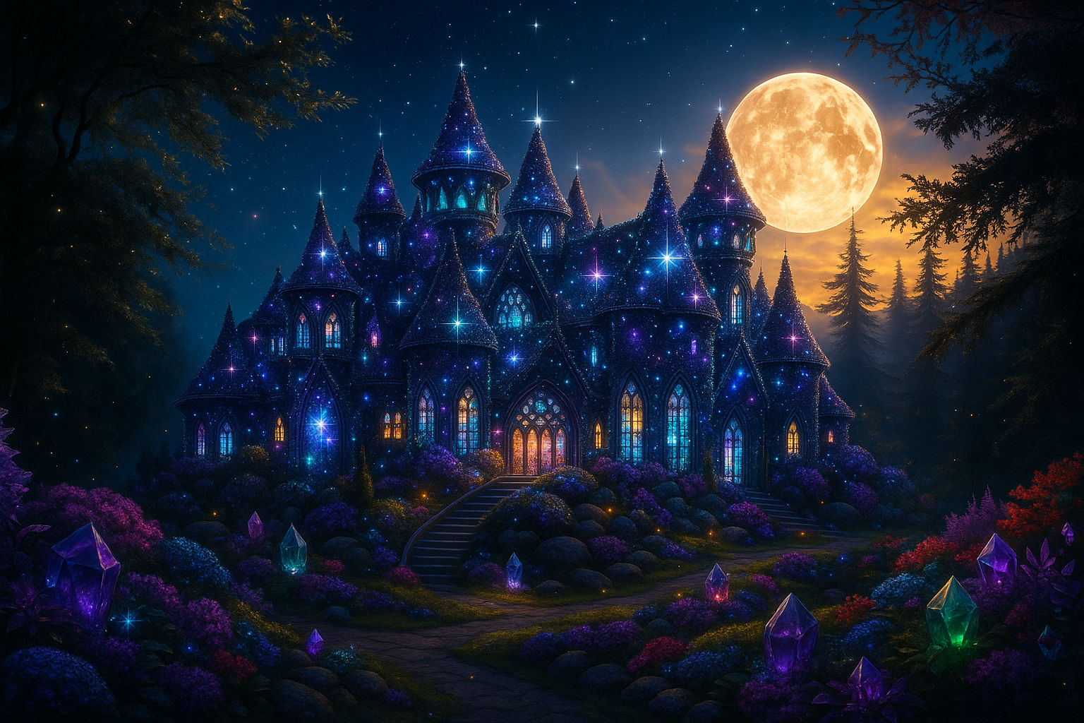 An enchanting palace made from overlapping lotus petals, each petal shimmering with dew and glowing softly in the moonlight. The roof and to...