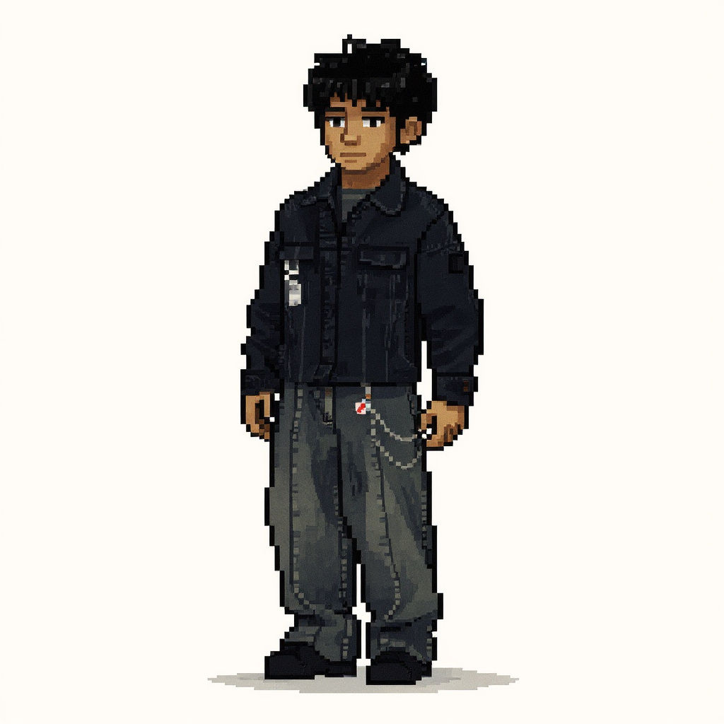 学习everskies的像素画风，模仿形体、脸部五官表情、服饰和发型的画法。
用附件图中人物的发型、衣服和配饰来画一张人物插图。
背景白底，只要一个完整的人物 (exactly like the pose, exact same clothes, phone in hand)

...