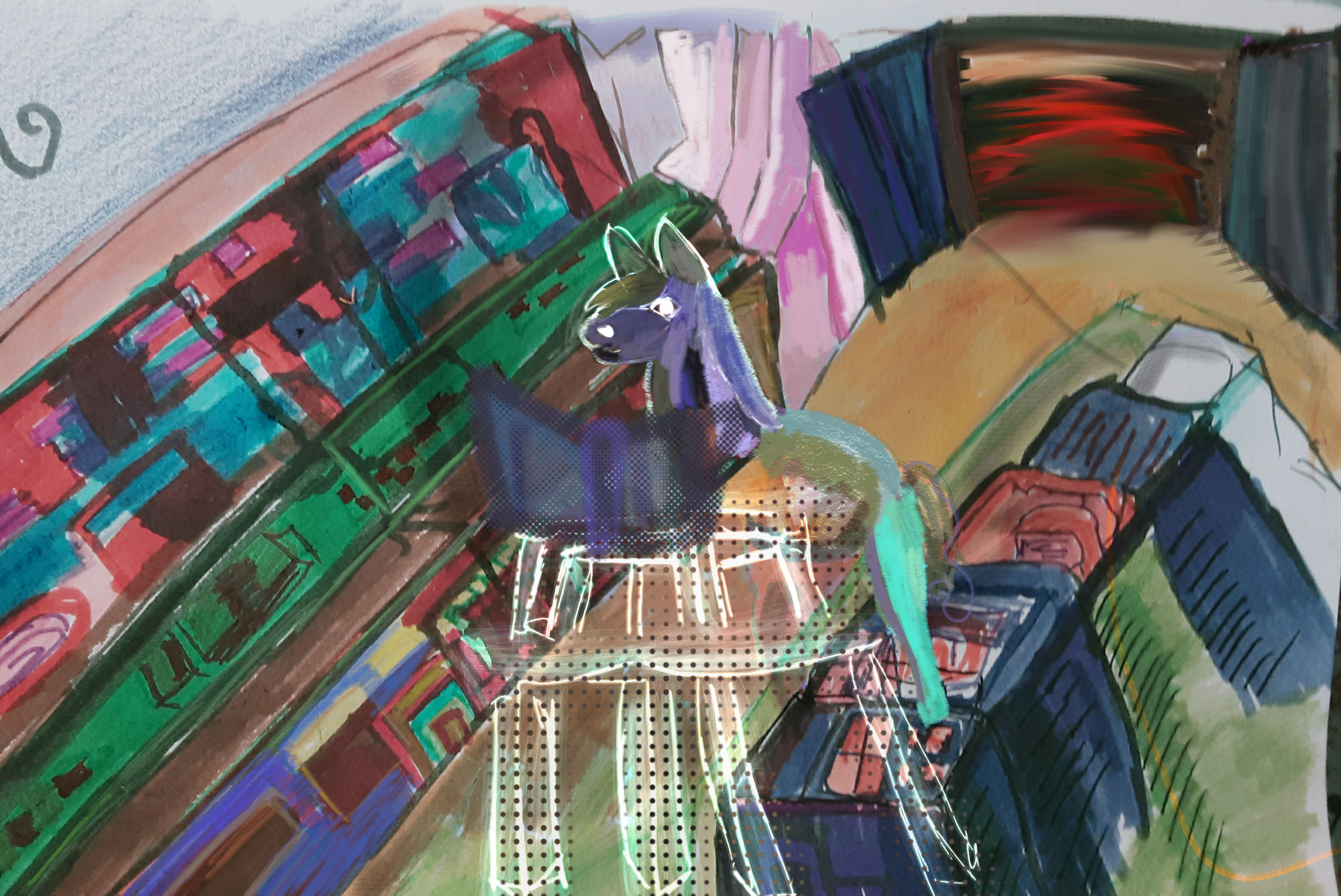 <lora:Macabre:1.0> <lora:Dance of the Lines:0.6> Surreal retreat, Temporal anomalies, Spa of dreams, Time-warping massages, Fluid realities...