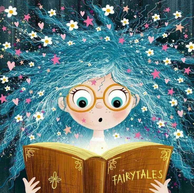 <lora:Zentangle-V2:0.8>girl in glasses reading a book ,an illustration from one of the three stories of the same person and a frog with star...