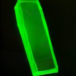 Uranium glass coffin and ultraviolet light on black velvet
