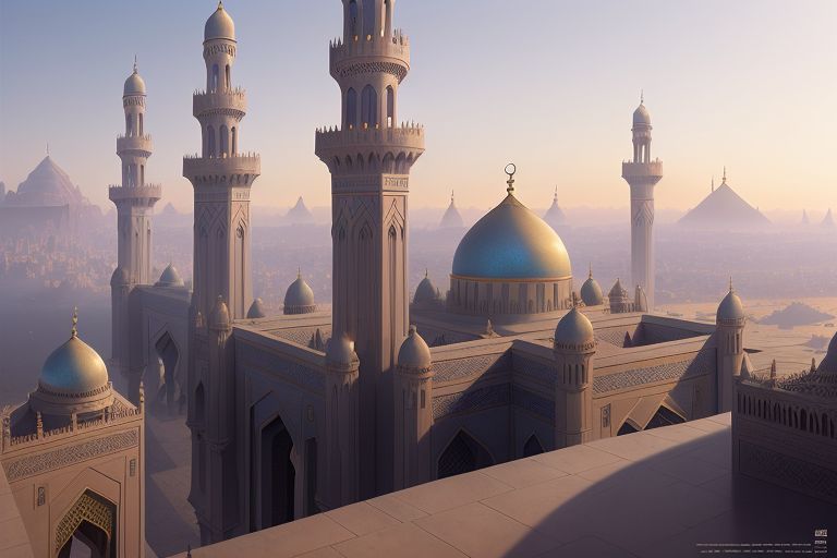 disturbingly bleak art nouveau silkscreen and pochoir print of mosques, soft focus, bleak lighting pastel colors, dark high contrast bronze...