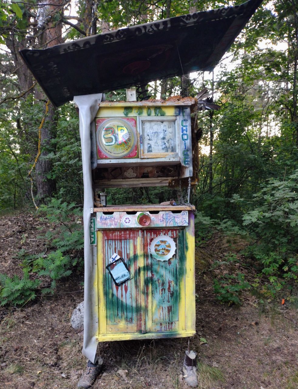 A living cabinet, with doors blinking like eyes, breathing purple smoke, and dancing fir trees, Japanese koi swimming around it