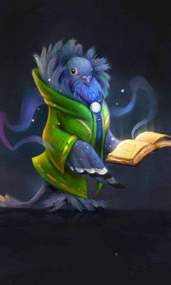 Pigeon with a supper fluffy neck, dark feathers, with a prismatic, in a claric robe.