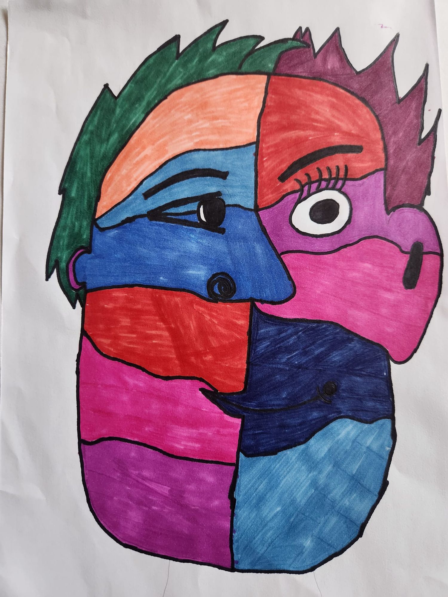 Picasso style canvas with heavy thin brush strokes of a man's head. Pablo Picasso folk art oil on canvas complex