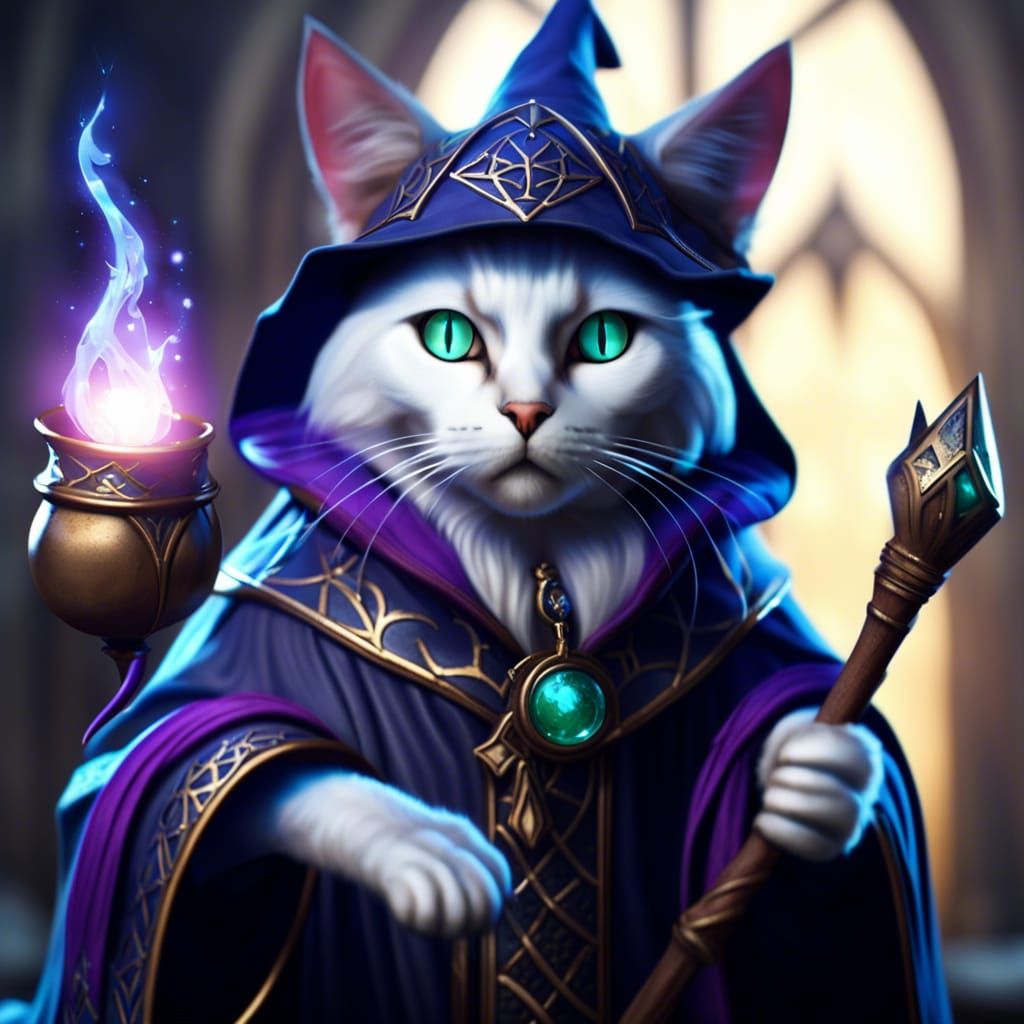 Cat mage wizard sorcerer arcane magic, cat enchanted wizard, medieval fantasy magic mage cat, cat sorcerer arcane medieval fantasy mage, 4k
