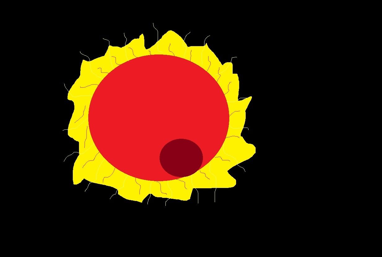 red sun with egg on the bottom border with yellow flames on around the circumference