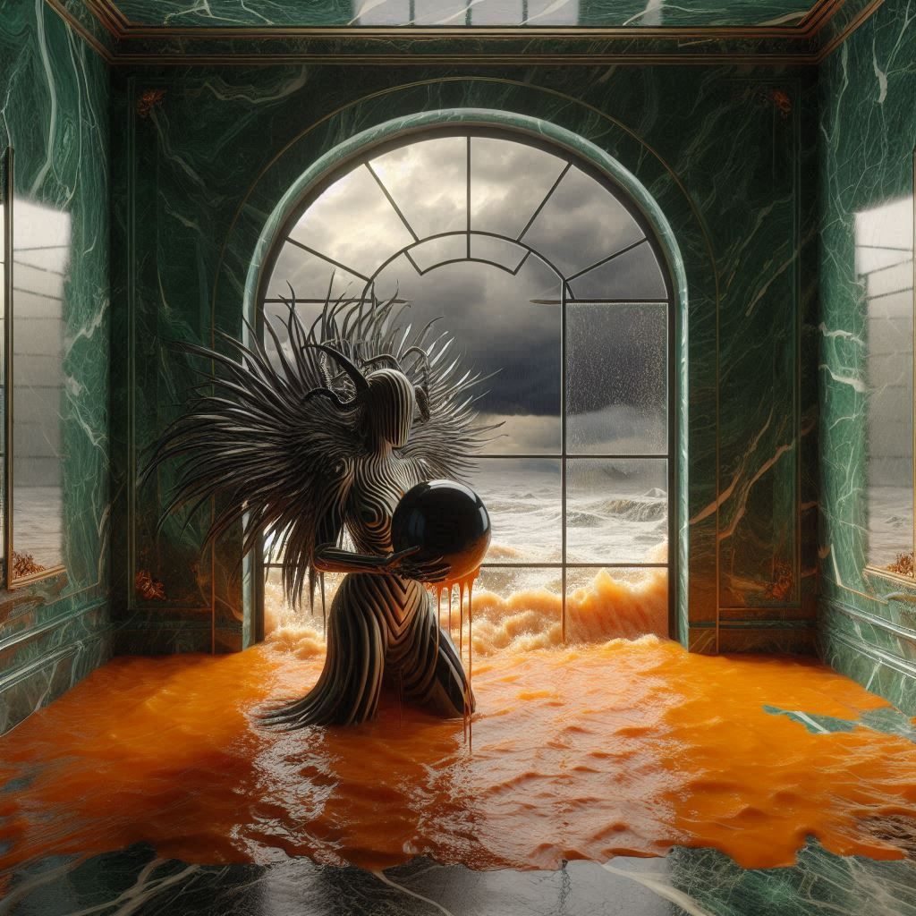 <lora:Smokey Spring:1.0> Hair made of clouds, malachite stone room, a figure holding a black sun in his hands, orange puddle