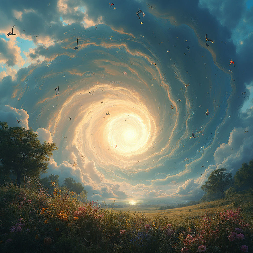 A cinematic photo-realistic mesmerizing, swirling vortex of musical notes swirling in a sky of sunset colors, evoking the Doppler effect, se...