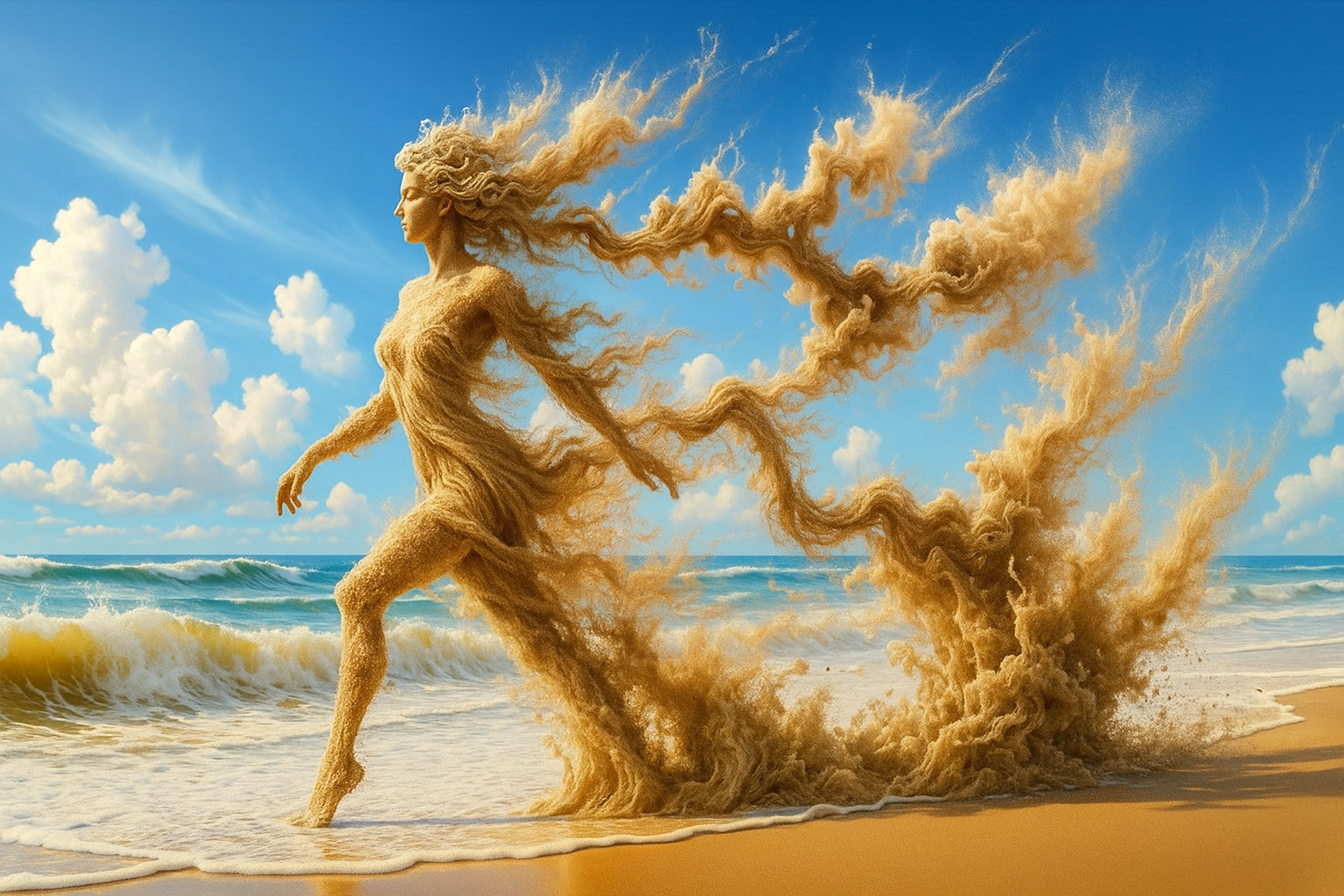 she elegantly walks in to the waves of the ocean